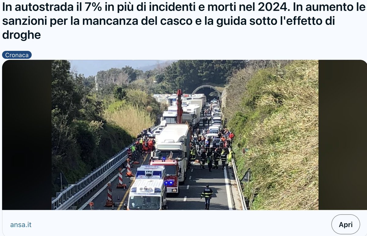 <a href="/Agenzia_Ansa/">Agenzia ANSA</a> In  #autostrada il 7% in più di #incidenti e #morti nel 2024.   reddit.com/r/oknotizie/co… --  In aumento le  #sanzioni per la mancanza del #casco e la #guida sotto l'effetto di #droghe-   #esodo #cis #viaggiare #isoradio  #italia #24luglio #estateinauto #traffico #bollinorosso