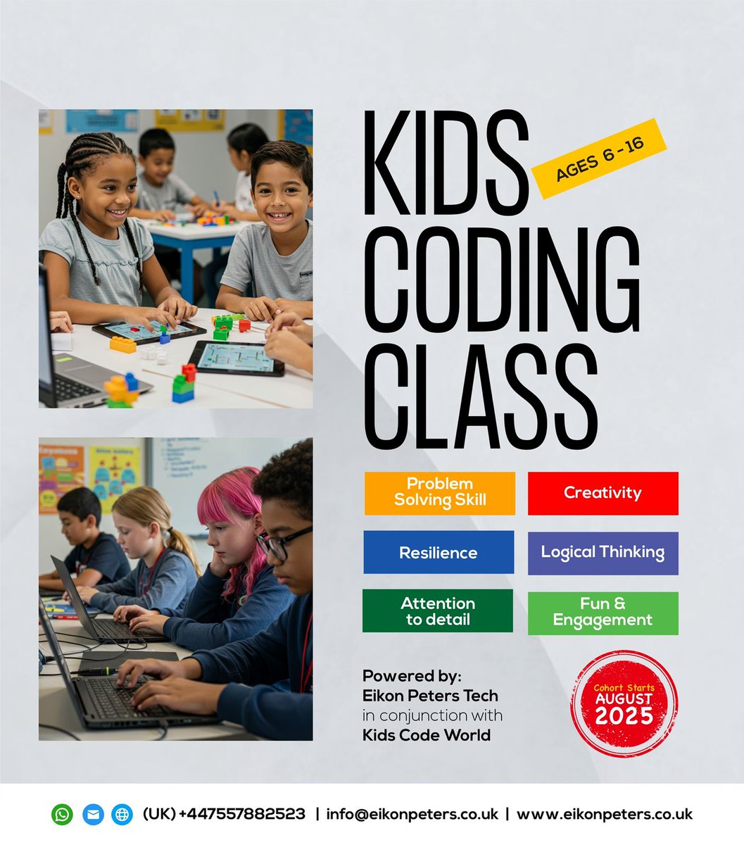 EikonPeters's tweet image. Kids Code Academy – What to Expect
1) Build Cool Projects
2) Develop Key Skills
3) Missed a Class? No Problem!
Lessons are always available on our learning portal.
Click here to register
forms.gle/9CHxBHsSEQoa5z…
#innovation #technology #kidscodingclasses #eikonpeters