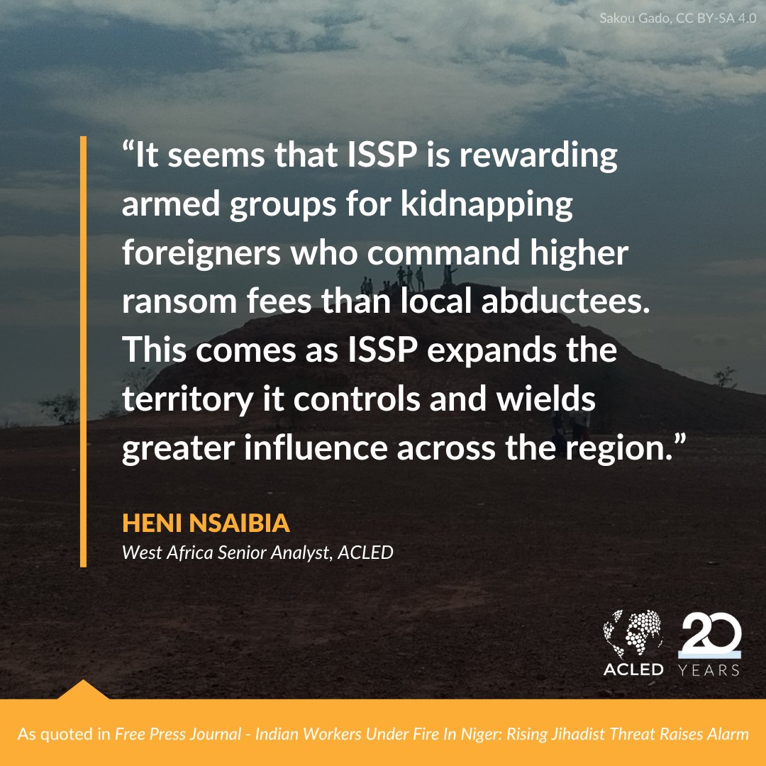 ACLEDINFO's tweet image. Two Indian miners were killed & another abducted in #Niger, highlighting rising threats to foreign nationals
@fpjindia cites ACLED data pointing to Islamic State Sahel Province (ISSP) as the group behind most kidnappings as it expands across the Sahel. 🔗freepressjournal.in/world/indian-w…