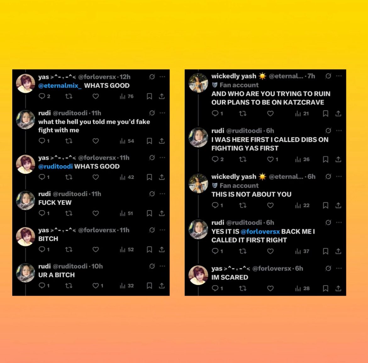 katzcrave's tweet image. In efforts to get out of nugu town, user forloversx starts ‘beef’ with user eternalmix_ to get onto Katseye Crave but it goes horribly wrong when user ruditoodi reveals betrayal. Maybe Rudi’s next cover should be traitor by Olivia Rodrigo.
