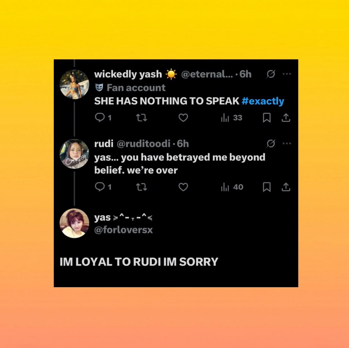 katzcrave's tweet image. In efforts to get out of nugu town, user forloversx starts ‘beef’ with user eternalmix_ to get onto Katseye Crave but it goes horribly wrong when user ruditoodi reveals betrayal. Maybe Rudi’s next cover should be traitor by Olivia Rodrigo.