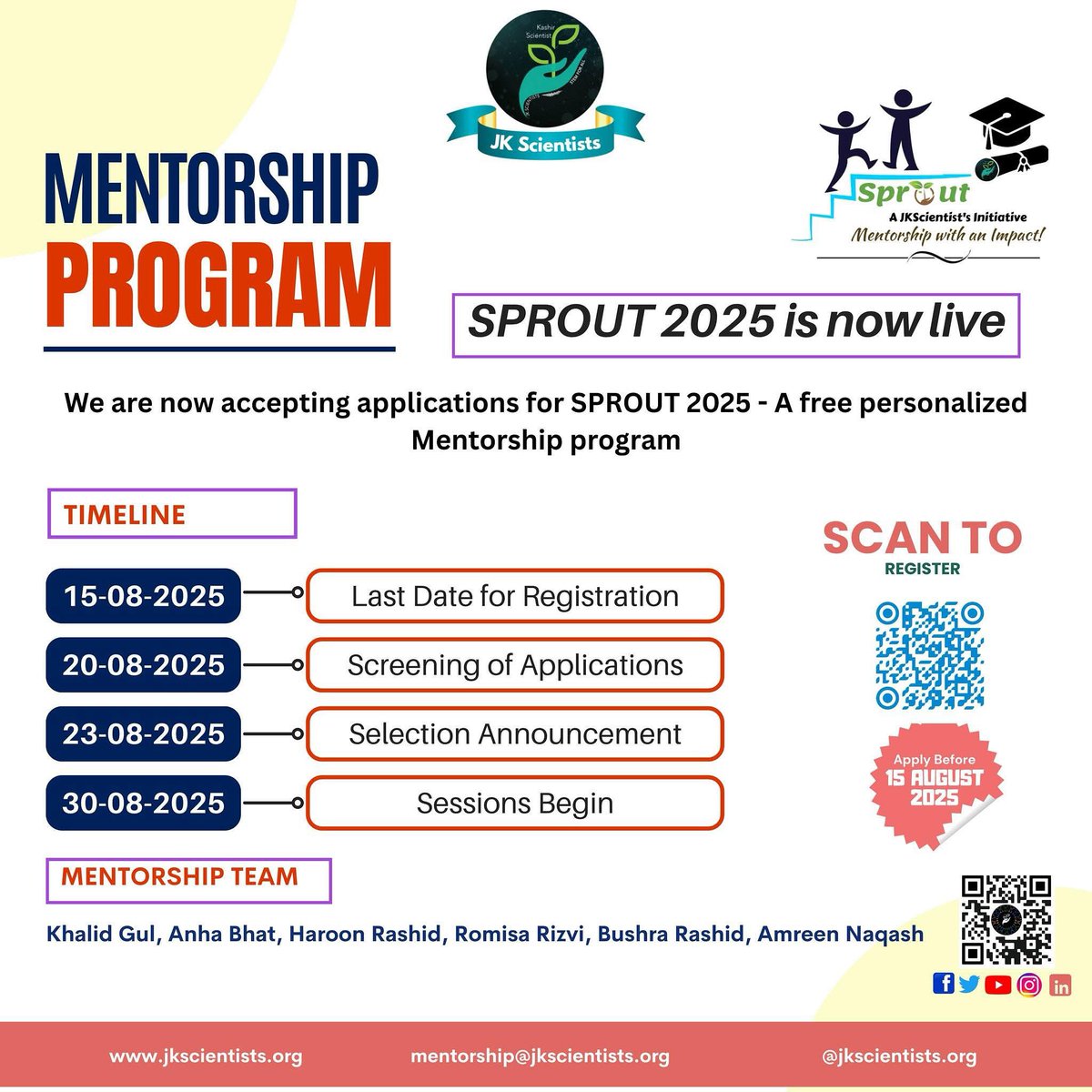 JK Scientists (@jkscientists) on Twitter photo Applications open for SPROUT 2025 (Summer Edition) — J&K Scientists’ flagship mentorship program!
For students & early-career pros from J&K
Mentorship | Skill-building | Emerging tech
Deadline: Aug 15
🔗 Apply: forms.gle/ycwVrQHhgoQhFS…
📩 mentorship@jkscientists.org Applications open for SPROUT 2025 (Summer Edition) — J&K Scientists’ flagship mentorship program!
For students & early-career pros from J&K
Mentorship | Skill-building | Emerging tech
Deadline: Aug 15
🔗 Apply: forms.gle/ycwVrQHhgoQhFS…
📩 mentorship@jkscientists.org