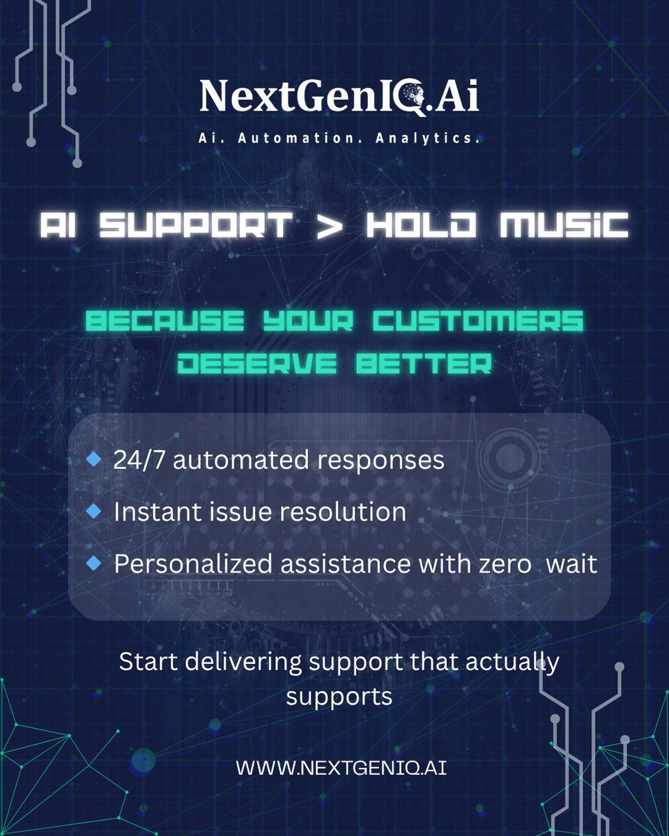 NextGenIqAi_Inc's tweet image. Hold music is out. AI support is in.
✅ 24/7 replies
✅ Instant resolution
✅ No waiting ever
Give your customers the support they actually want.
👉 nextgeniq.ai
#NextGenIQAI #AIforSupport #Automation #CX