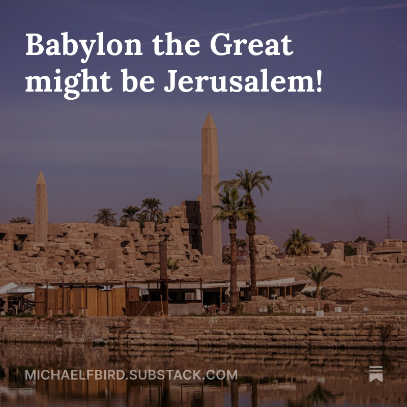 mbird12's tweet image. Babylon the Great might be Jerusalem!
@jasonstaples has a fascinating post where he argues that “Babylon” and the “Great Prostitute” are in fact Jerusalem, who has been unfaithful by fraternizing with Roman power in a type of spiritual adultery. open.substack.com/pub/michaelfbi…