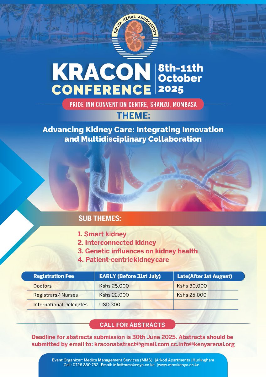 Early bird registration for KRACON 2025 closes on 31st July!

Join us from 8th–11th October at the stunning PrideInn Convention Center, Mombasa, for a groundbreaking conference themed “Advancing Kidney Care: Integrating Innovation and Multidisciplinary Collaboration.”