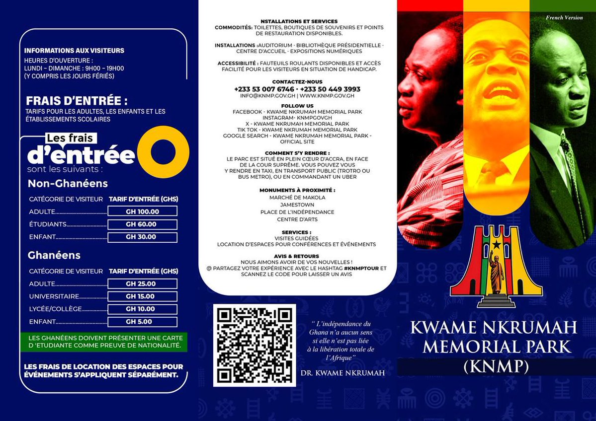 knmpgovgh's tweet image. NOUVEAUTÉ AU PARC ! 🎉 🔥 
Nous sommes ravis de vous présenter nos brochures officielles en anglais et en français, désormais disponibles lors de votre visite au Kwame Nkrumah Memorial Park.
 #KwameNkrumah #ParcMémorial #TourismeGhana
