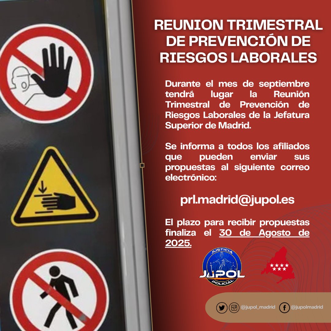 Jupol Madrid (@jupol_madrid) on Twitter photo 📢 En septiembre será la Reunión Trimestral de Prevención de Riesgos Laborales de la Jefatura Provincial de Madrid.
Envía tus propuestas a 👉 prl.madrid@jupol.es
(antes del 30/08/2025.)
¡Tu voz cuenta para mejorar nuestras condiciones! 💪 #JUPOL #PRLMadrid 📢 En septiembre será la Reunión Trimestral de Prevención de Riesgos Laborales de la Jefatura Provincial de Madrid.
Envía tus propuestas a 👉 prl.madrid@jupol.es
(antes del 30/08/2025.)
¡Tu voz cuenta para mejorar nuestras condiciones! 💪 #JUPOL #PRLMadrid
