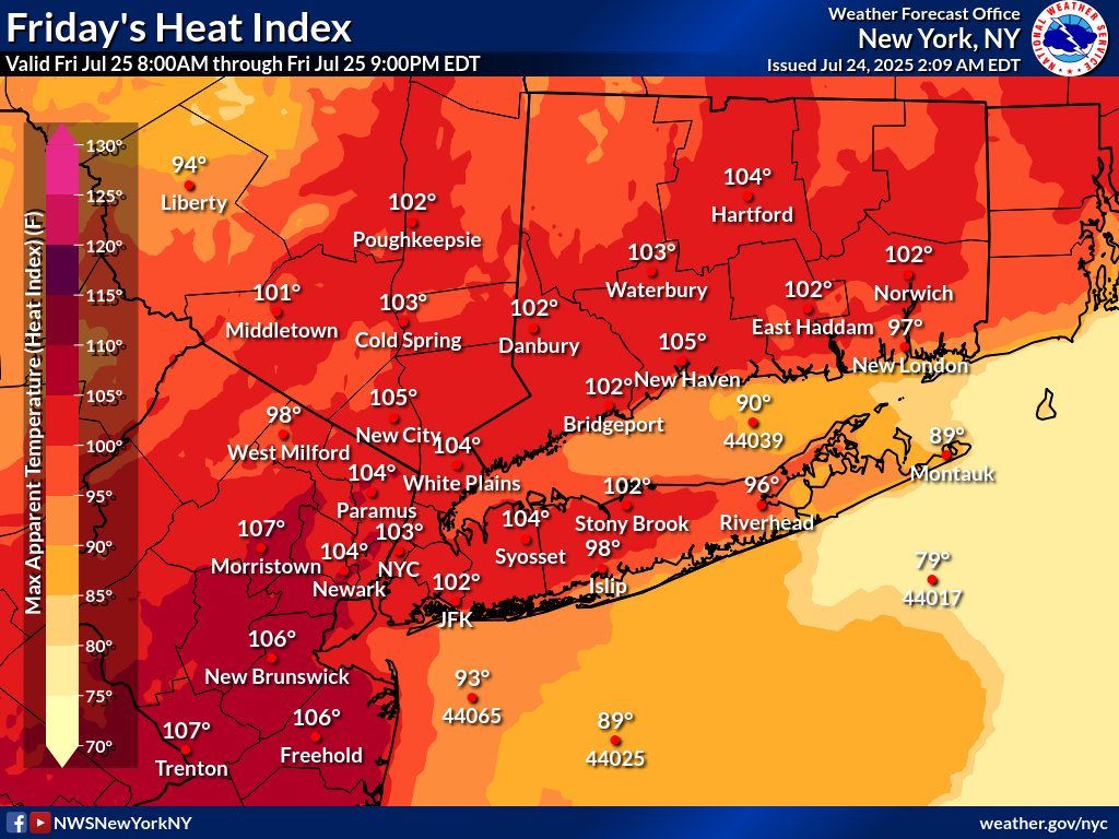 Temps rise into the mid 80s to around 90 today before heat &amp; humidity ramp up on Friday. Extreme Heat Warnings are in effect for portions of northeast NJ on Friday, with Heat Advisories for most of the rest of the area as heat index values are expected to rise into the 100s.