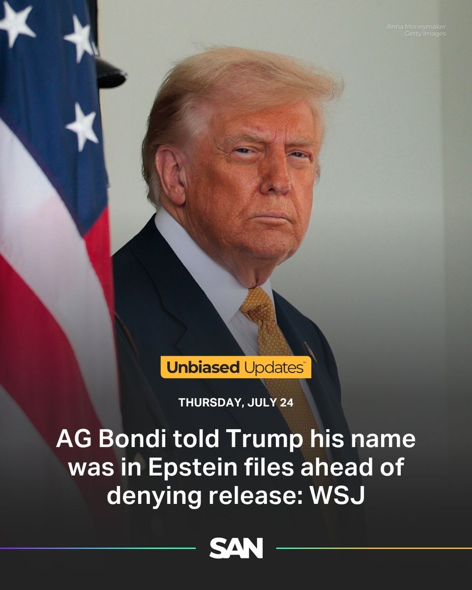 StraightArrow__'s tweet image. Attorney General Pam Bondi told President Trump in May that his name appeared in the Jeffrey Epstein investigation files, according to senior administration officials and reporting by The Wall Street Journal. At the same meeting, officials told Trump they would not release…