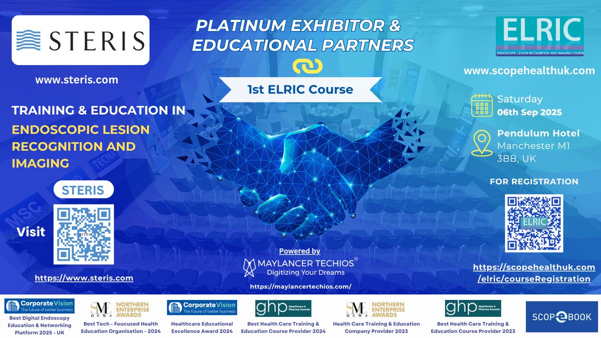 SCOPE COURSES @SCOPEHEALTHUK (@scopehealthuk) on Twitter photo 🌐<a href="/STERISEndoscopy/">STERIS Endoscopy</a> joins as a Platinum Exhibitor & Educational Partner for the inaugural ELRIC Course – advancing the future of endoscopic lesion recognition and imaging.
📅 Date: Saturday, 06th September 2025
📍 Venue: Pendulum Hotel, Manchester M1 3BB, UK 🌐<a href="/STERISEndoscopy/">STERIS Endoscopy</a> joins as a Platinum Exhibitor & Educational Partner for the inaugural ELRIC Course – advancing the future of endoscopic lesion recognition and imaging.
📅 Date: Saturday, 06th September 2025
📍 Venue: Pendulum Hotel, Manchester M1 3BB, UK