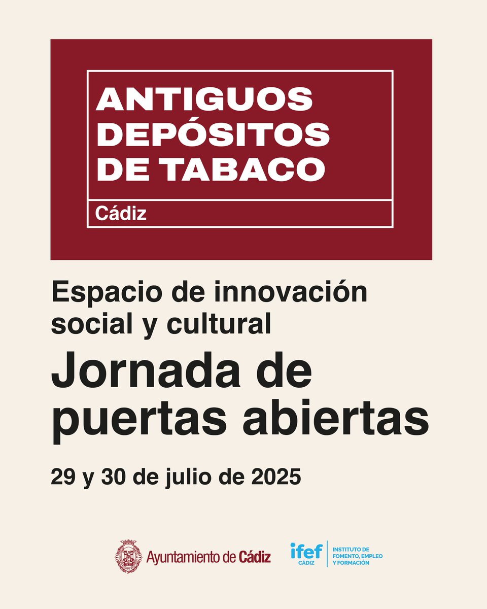 ✅ Jornada de puertas abiertas en los antiguos depósitos de Tabaco con visitas libres y guiadas #Cádiz 

😀 Nuevo espacio de innovación social y cultural

📅 Martes 29 en horario de 12 a 14 y de 18 a 21 horas
📅 Miércoles 30, de 10 a 14 y de 18 a 21 horas

Sin inscripción previa