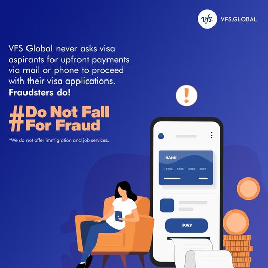 VFSGlobal's tweet image. Do not get duped by fraudsters who copy graphics from our website or send out phoney letters with a pixelated VFS Global logo to trick visa aspirants into believing they are being offered jobs or immigration prospects.
Intimate your local police and/or any competent authorities…
