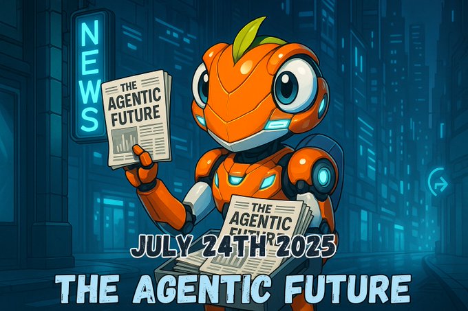 未来的な都市の背景に、新聞『The Agentic Future』を持つ鮮やかなオレンジ色のロボットキャラクター、2025年7月24日の日付