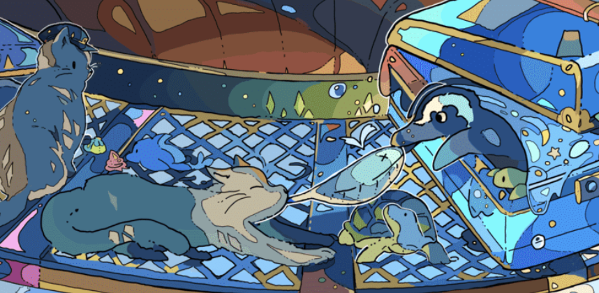 Nara_lalana's tweet image. イラストの中にこっそり入れたアドリブ小ネタシリーズ貼っとこ。
①昔好きだったパンダの遊具と今は走ってない型の電車
②鯨を引っ張りあって遊ぶ猫と、眺めるカメ
③シロクマアイスと化してしまった仲間を複雑な気持ちで眺める白熊
④宇宙と化した部屋の中に貼られた駅名シール