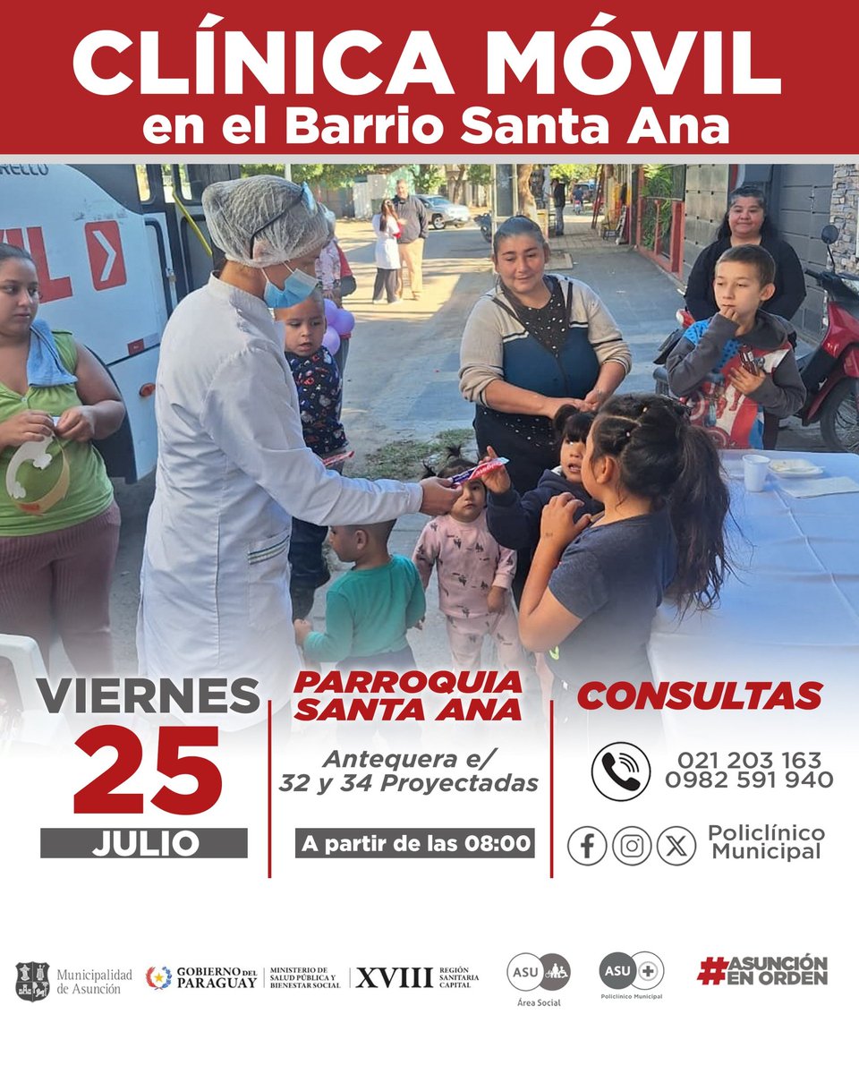 Policlínico Municipal de Asunción (@policlinicoasu) on Twitter photo ¡La salud se acerca a tu barrio!
Mañana viernes 25 de julio, desde las 08:00 h, la Clínica Móvil del <a href="/policlinicoasu/">Policlínico Municipal de Asunción</a> estará presente en la gran Jornada Vecinal por la Vida en el barrio Santa Ana, llevando atención médica gratuita y de calidad directamente a la comunidad. ¡La salud se acerca a tu barrio!
Mañana viernes 25 de julio, desde las 08:00 h, la Clínica Móvil del <a href="/policlinicoasu/">Policlínico Municipal de Asunción</a> estará presente en la gran Jornada Vecinal por la Vida en el barrio Santa Ana, llevando atención médica gratuita y de calidad directamente a la comunidad.
