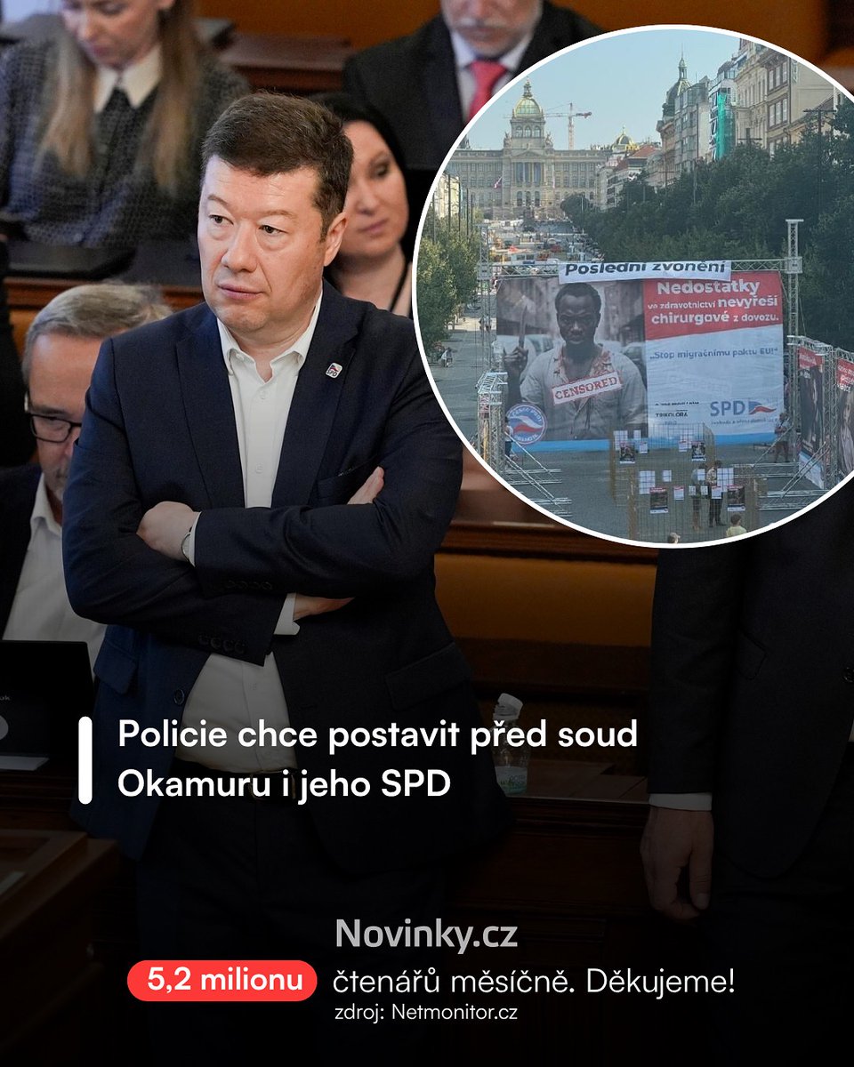 novinkycz's tweet image. ❗️Pražští kriminalisté chtějí postavit před soud předsedu opozičního SPD Tomia Okamuru i samotné hnutí kvůli loňským předvolebním plakátům.
Podle policie se dopustili podněcování k nenávisti. Proto vyšetřovatelé navrhli Okamuru i hnutí SPD obžalovat.
👉 novinky.cz/clanek/domaci-…