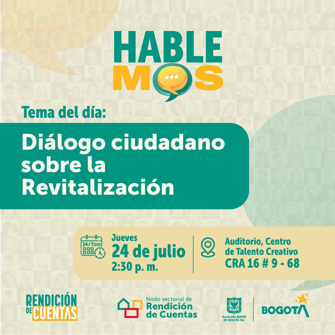 RenoBo (@renobo_bogota) on Twitter photo 📢 ¡Hablemos de revitalización urbana!
Desde el Sector Hábitat te invitamos al diálogo ciudadano en el marco del Nodo de Rendición de Cuentas.
Un espacio híbrido para resolver tus dudas y conocer cómo transformamos <a href="/Bogota/">Alcaldía de Bogotá</a> desde <a href="/habitatbogota/">Secretaría del Hábitat</a>, <a href="/RenoBo_Bogota/">RenoBo</a> y <a href="/CVPBogota/">CVP Caja de la Vivienda Popular</a>. 📢 ¡Hablemos de revitalización urbana!
Desde el Sector Hábitat te invitamos al diálogo ciudadano en el marco del Nodo de Rendición de Cuentas.
Un espacio híbrido para resolver tus dudas y conocer cómo transformamos <a href="/Bogota/">Alcaldía de Bogotá</a> desde <a href="/habitatbogota/">Secretaría del Hábitat</a>, <a href="/RenoBo_Bogota/">RenoBo</a> y <a href="/CVPBogota/">CVP Caja de la Vivienda Popular</a>.