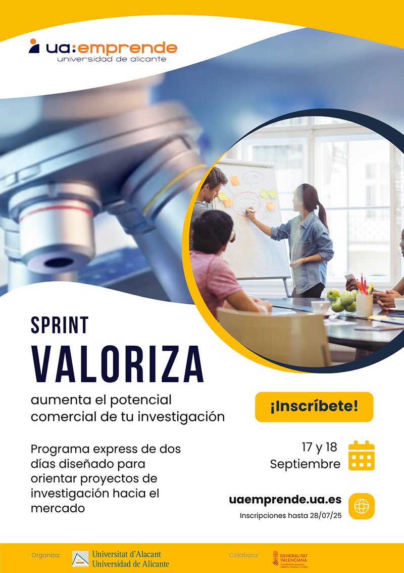 asociacionruvid's tweet image. 📣 @UA_Universidad lanza la cuarta edición de Sprint Valoriza-Ciencia Emprende para transformar ideas e investigaciones en soluciones reales de mercado f.mtr.cool/eofqcktsgg
Programa dirigido especialmente a personal investigador, doctorandos y estudiantes de máster.