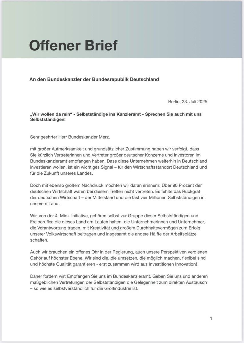 IsabellaPfaff's tweet image. Kanzleramt, wir kommen!
@cathibruns und ich haben heute wieder etwas angezündet. Hier unser offener Brief an @bundeskanzler Merz.
Wir fordern, dass auch Vertreter der Selbständigen und der KMU vom Kanzler empfangen werden. Wir machen zusammen fast 90 Prozent der Unternehmen…