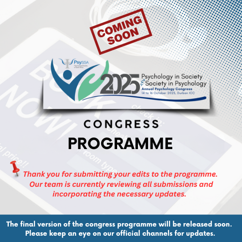 PsySSA_'s tweet image. 📣 Thanks to everyone who submitted edits to the programme!
We’re reviewing your input and finalising updates. The final programme for the 29th Annual SA Psychology Congress is coming soon.
🗓️ Stay tuned—exciting sessions ahead!
#PsychologyInSociety #PsySSA2025 #SAPsychology