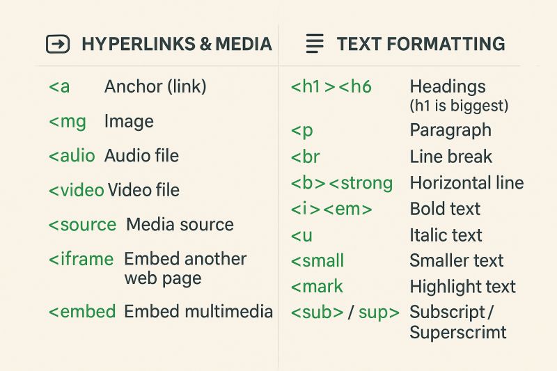 PBO_LLP's tweet image. Master HTML basics! 💡

This quick reference image covers:

🔗 Hyperlinks &amp;amp; Media Tags
📝 Text Formatting Tags

Perfect for beginners &amp;amp; students starting their web dev journey.

#HTML #WebDevelopment #LearnToCode #FrontendDevelopment #CodeNewbie #WebDevBasics