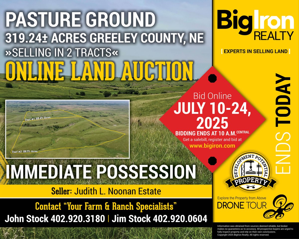 🌿 Pasture Auction – Bidding Ends TODAY!
2 tracts (159± ac each) in Greeley Co., Nebraska
✔️ Immediate grazing possession
✔️ Gravel road access
✔️ Shared well (Tract 2 only)
✔️ Strong potential for future development

Bid now: hubs.la/Q03yB1W_0
Call John or Jim Stock today!