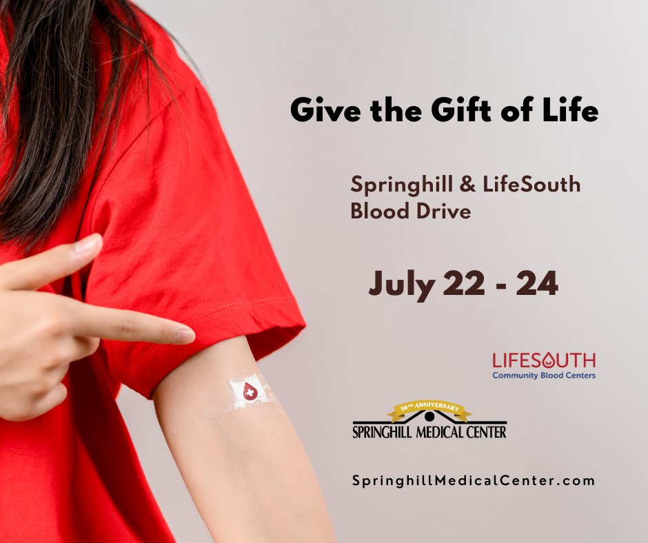 Springhill Medical Center (@springhillmc) on Twitter photo Today's the last day!  The LifeSouth Blood Drive at Springhill Medical Center:
-July 24 -- 8 a.m. – 4 p.m. 
- Gerald L. Wallace Conference Center
Be part of something life-changing.  
bit.ly/4kXoy9A Today's the last day!  The LifeSouth Blood Drive at Springhill Medical Center:
-July 24 -- 8 a.m. – 4 p.m. 
- Gerald L. Wallace Conference Center
Be part of something life-changing.  
bit.ly/4kXoy9A