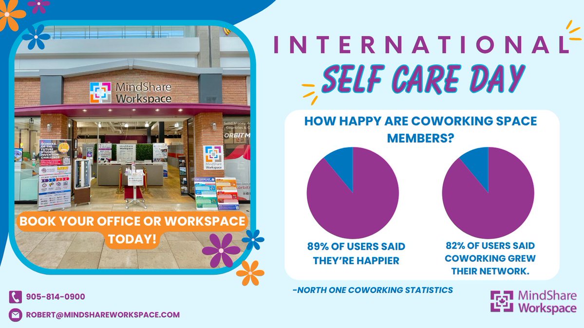 MindShareWork's tweet image. 🧘‍♀️ It’s International Self-Care Day! Boost your happiness and productivity in a space that supports your well-being. 💼✨
Coworking makes a difference — book your tour today!
#SelfCareDay #MindShareWorkspace #CoworkingCommunity @mindsharelearn