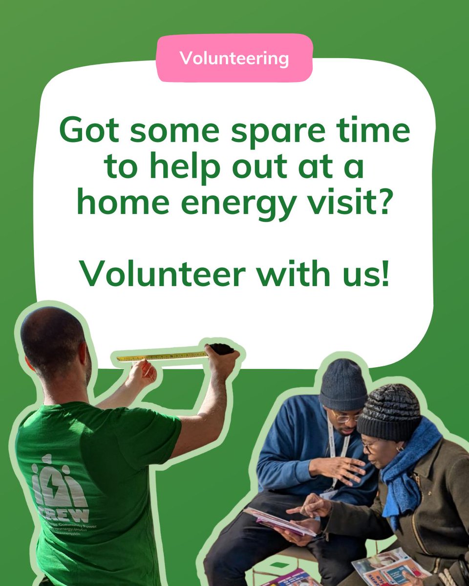 CREWEnergyLDN's tweet image. We're looking for friendly, reliable volunteers to support our energy advisors on home energy visits across Wandsworth, Richmond and Merton ⚡️🏡
Full details available here ➡️ …lunteer.wandsworthcarealliance.org.uk/volunteers/opp…
To express your interest or to hear more, email armelle@crewenergy.london.