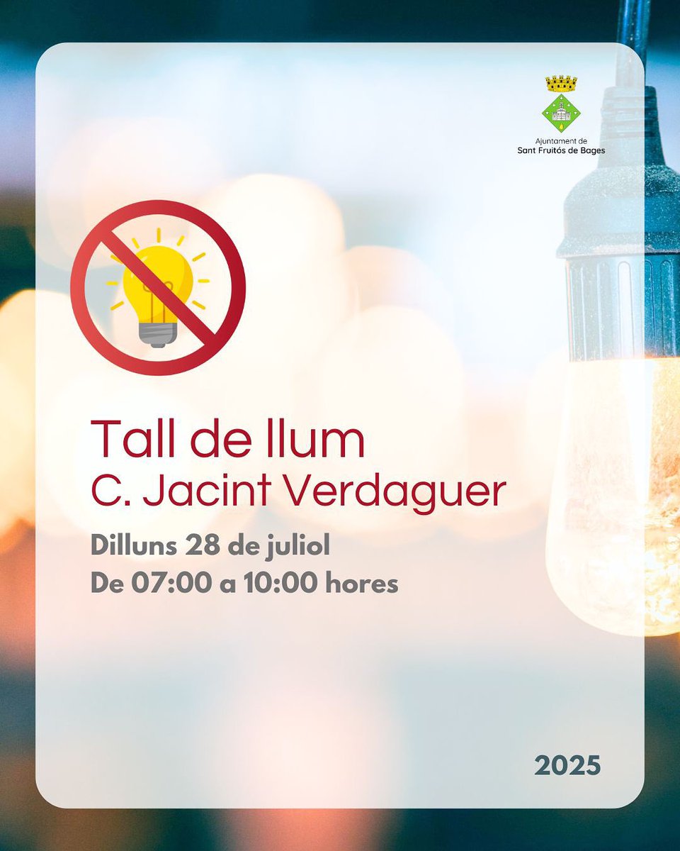 📣L'empresa elèctrica distribuïdora E-Distribución informa sobre un tall en el subministrament elèctric que afectarà tot el carrer Jacint Verdaguer.

☎️Per a qualsevol incidència podeu trucar al telèfon d'atenció a l'usuari, el 800 76 07 06, per tal de poder-la gestionar.