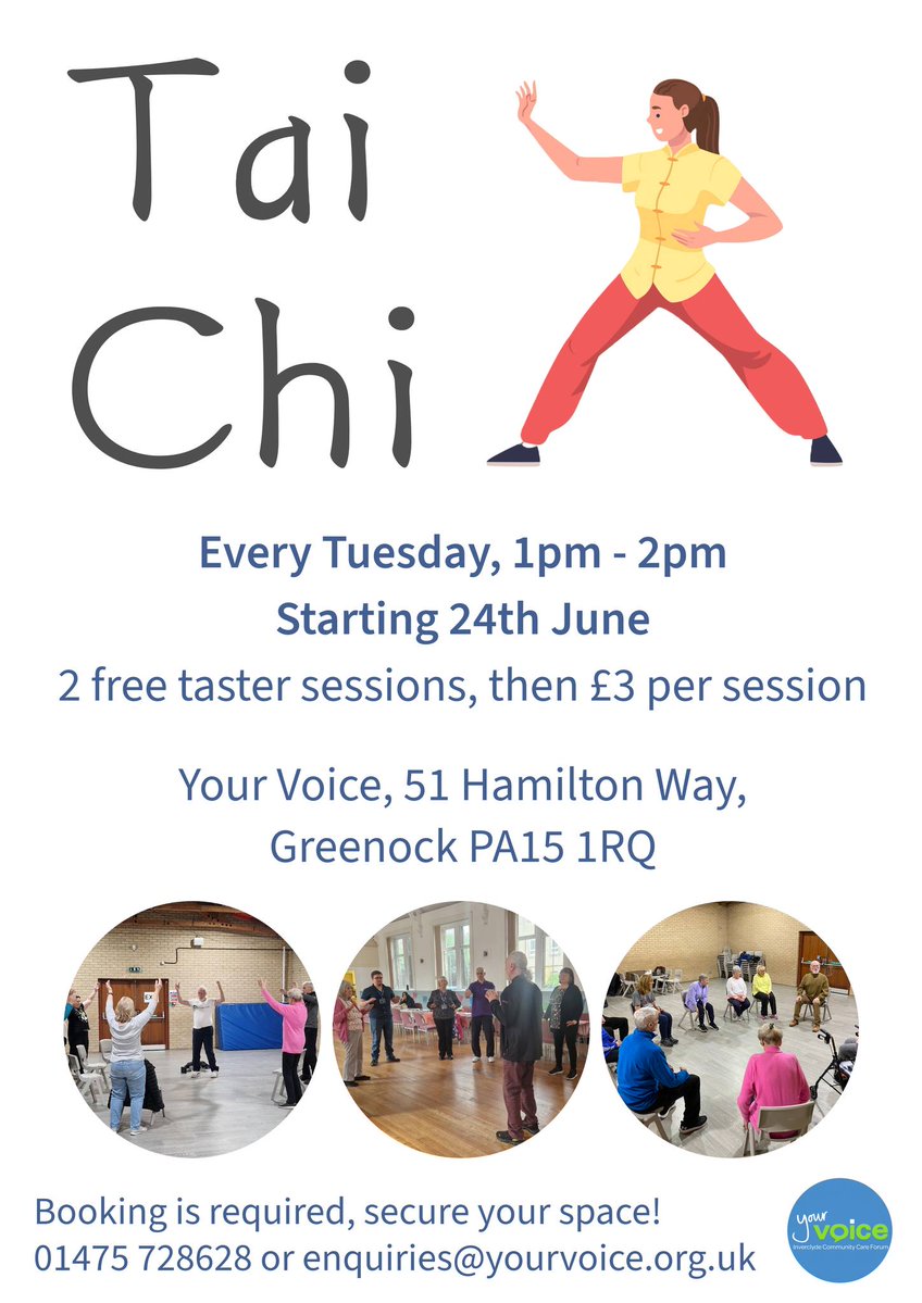 YourVoiceInver's tweet image. Your Voice Tai Chi Sessions! 🤩🧘♀️
Every Tuesday, 1pm - 2pm
Your Voice, 51 Hamilton Way, Greenock PA15 1RQ
2 free taster sessions, then £3 per session! 🥋
Secure your place 🙂💚
01475 728628
enquiries@yourvoice.org.uk
#taichi #greenock #inverclyde #yourvoice