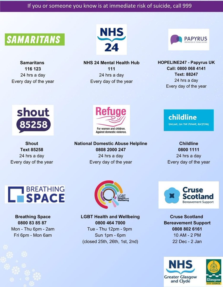 YourVoiceInver's tweet image. If you, or someone you know needs urgent help or is in crisis, call NHS 24 on 111
If you just need to talk with someone, there is help available:
yourvoice.org.uk/news/nhs-menta…
❤️ You are not alone ❤️
#yourvoice #mentalhealth #inverclyde #nhs