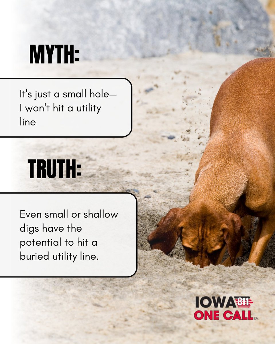 Myth Busted!

Even small or shallow digs have the potential for underground utility damage. Don't risk hitting critical lines. Always contact 811 before you dig!

#ShallowDigs #SafeDigging
#FridayFacts