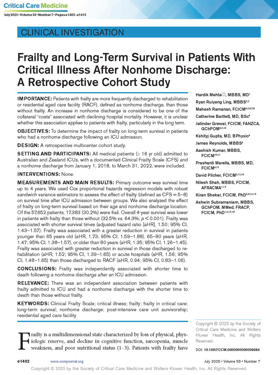 💡 A clinical investigation from CCM sheds light on the impact of frailty on long-term survival in patients who had a nonhome discharge following an ICU admission.

➡️ Read the complete research in the July issue: ow.ly/2cU250WrOOk

#SCCM #CritCareMed <a href="/SCCM/">SCCM</a>