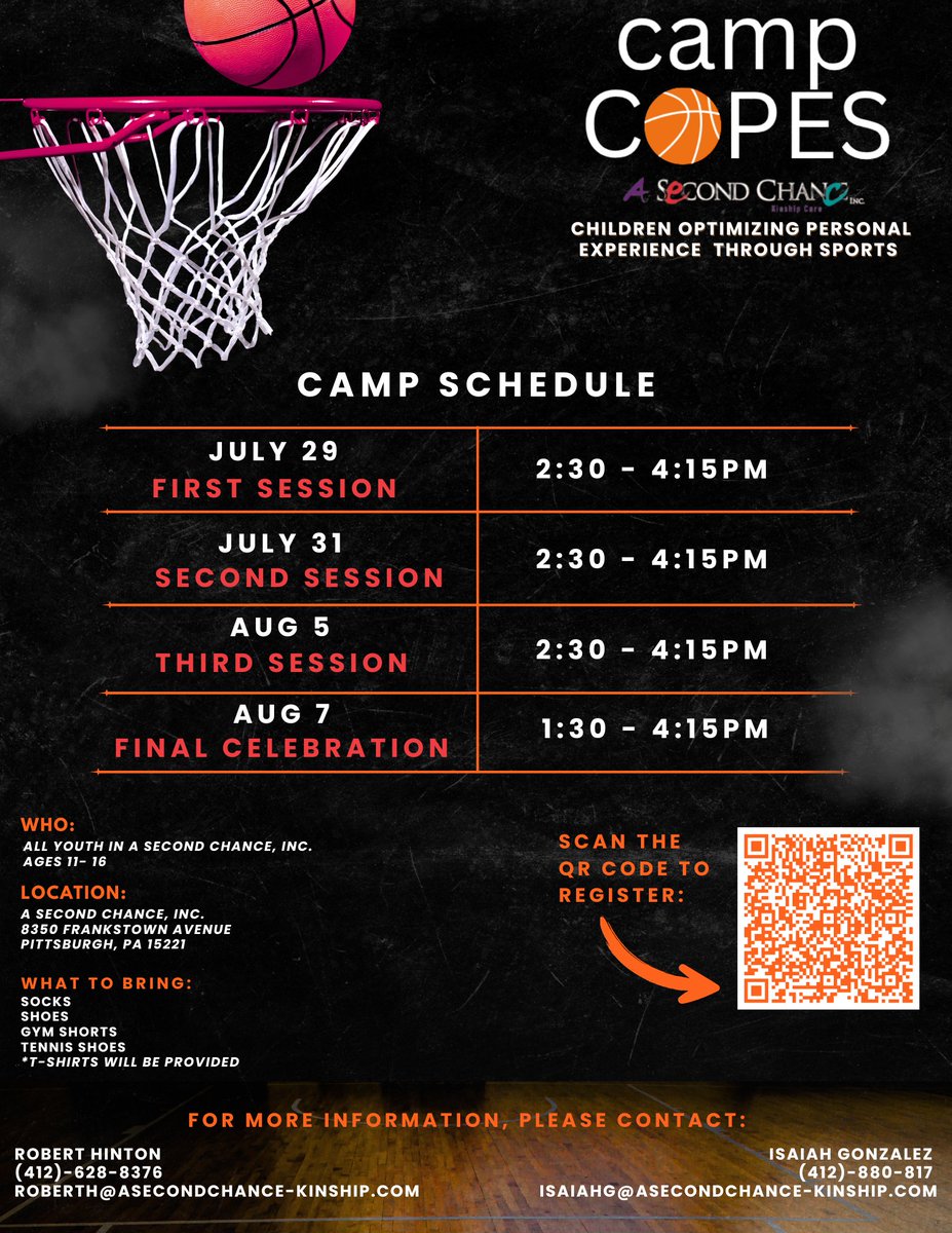 Get ready to level up your game and have a blast at Camp COPES! 🎉 Open to youth ages 11–16 at A Second Chance, Inc. Join us for fun, fitness, and a final celebration you won't forget!

Sign up your youth today! Visit our website for more information.

asecondchance-kinship.com/camp-copes-ret…