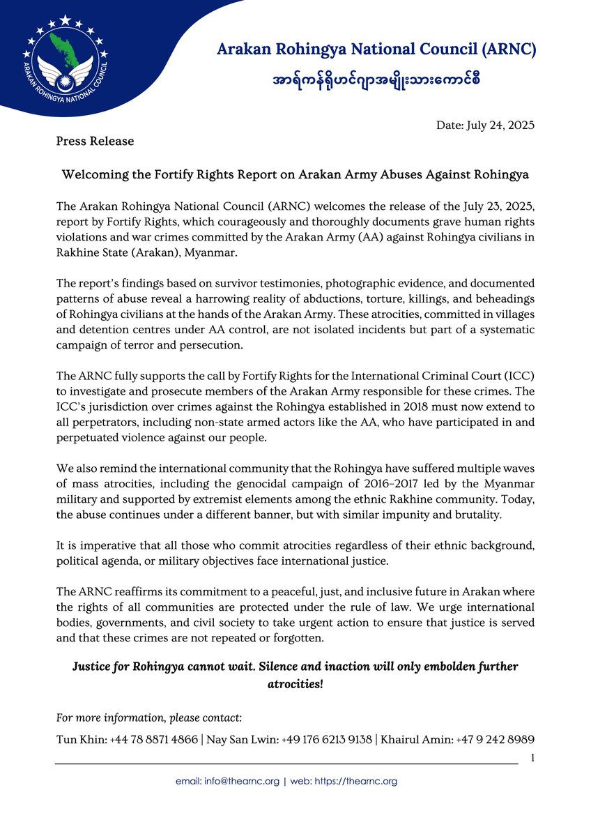 theARNCorg's tweet image. Press Release: Welcoming the Fortify Rights Report on Arakan Army Abuses Against Rohingya