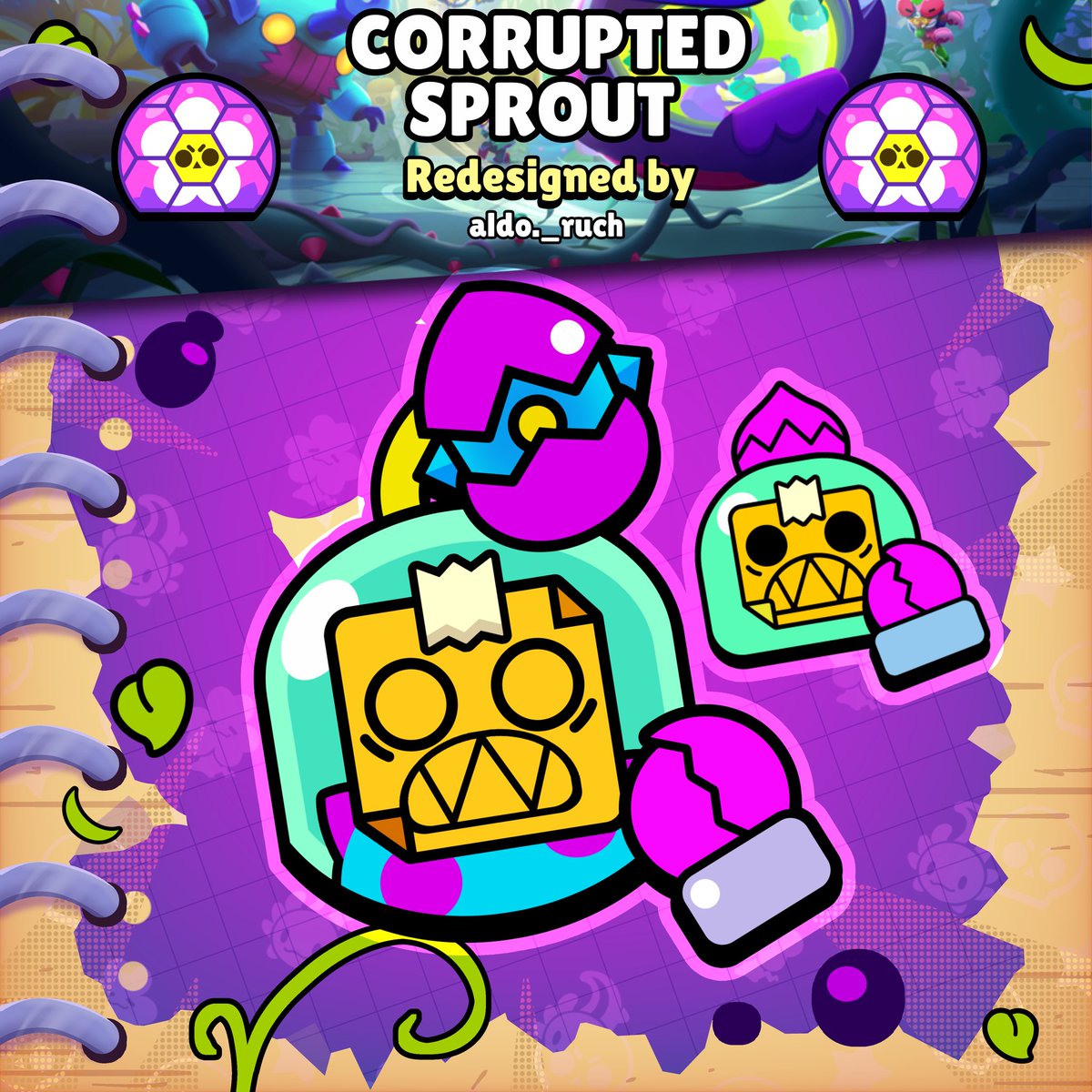 Aquí les dejo los cosméticos de la skin de sprout del brawlio estrellas 

#fanart #idea #videogame #brawl_stars #supercell