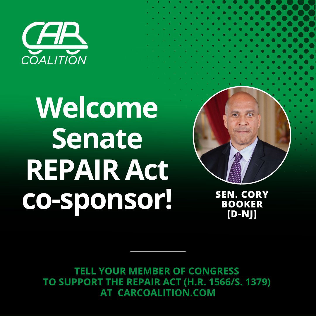 TheCARCoalition's tweet image. Welcome @SenBooker as the newest co-sponsor of the bipartisan REPAIR Act (H.R. 1566/S. 1379! This cross-party effort strengthens the #RighttoRepair and ensures drivers, not manufacturers, control vehicle repair choices.
Learn more: carcoalition.com
@CoryBooker