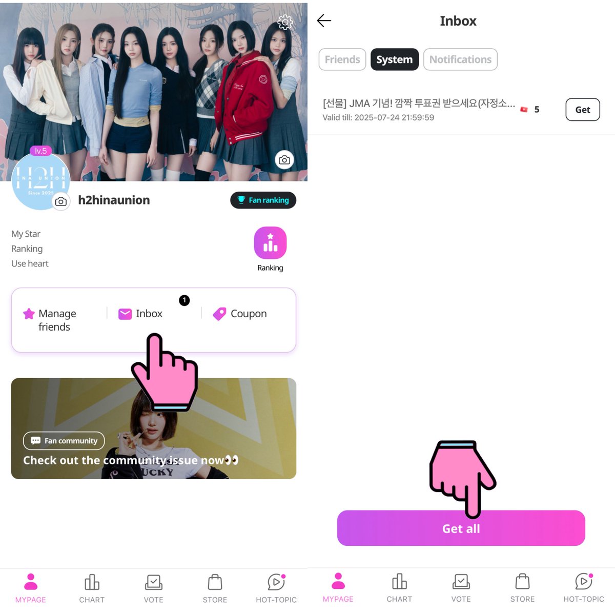 H2H_INAUNION's tweet image. 📣 CALLING ALL S2U!
S2U, log in to MY1PICK now to claim your JMA voting ticket! Check your System Inbox to receive it!
📅 Event Period : July 25 – August 1, every day at 12 PM (KST)
Don’t miss it, let’s collect those tickets and vote for #Hearts2Hearts 🩵🩷