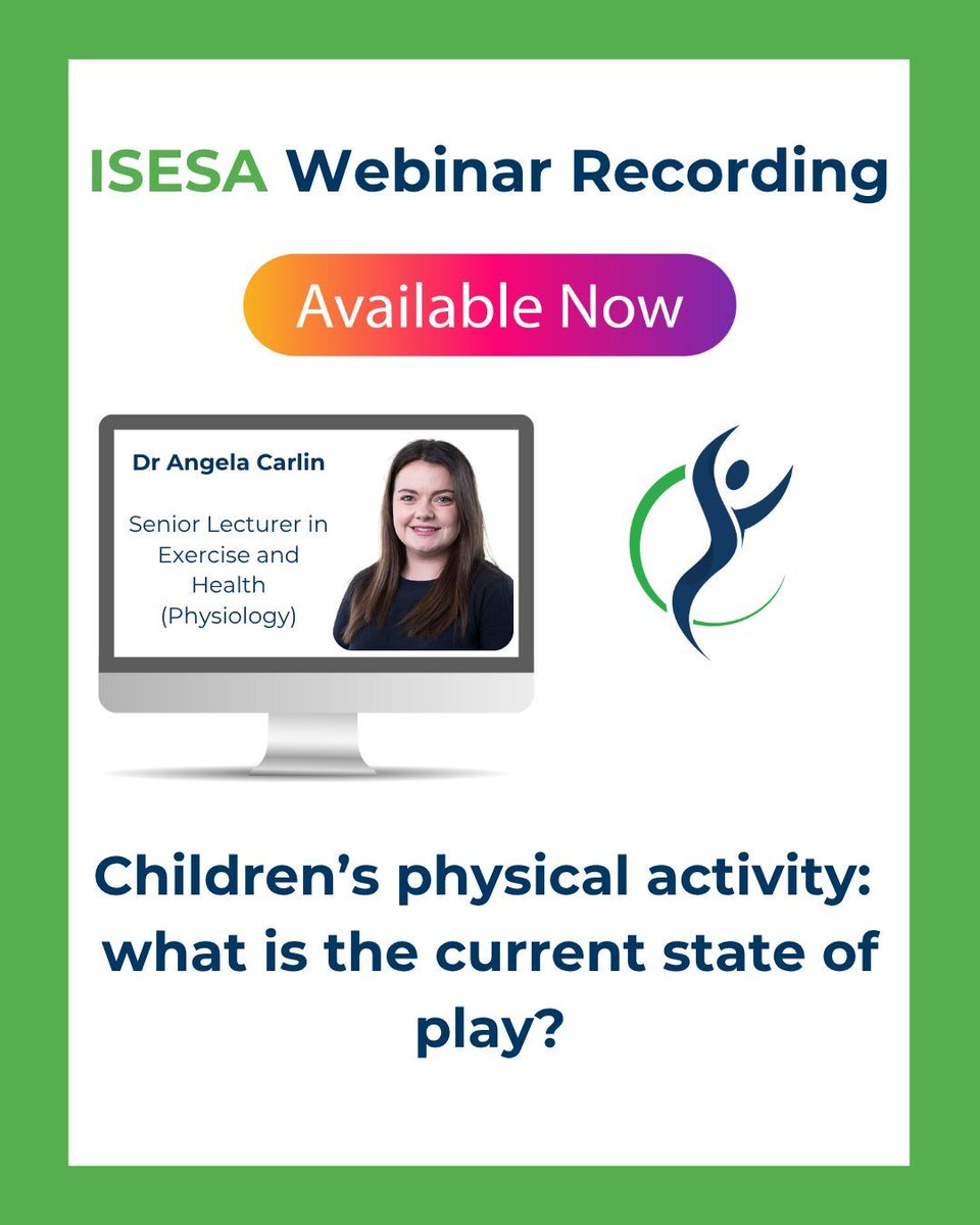 IrishSESA's tweet image. 💻 ISESA Webinar Recording: 
In this webinar, Dr Angela Carlin from Ulster University will cover the current recommendations and trends in relation to children’s physical activity. 
Watch it here: youtube.com/watch?v=jajCs-…