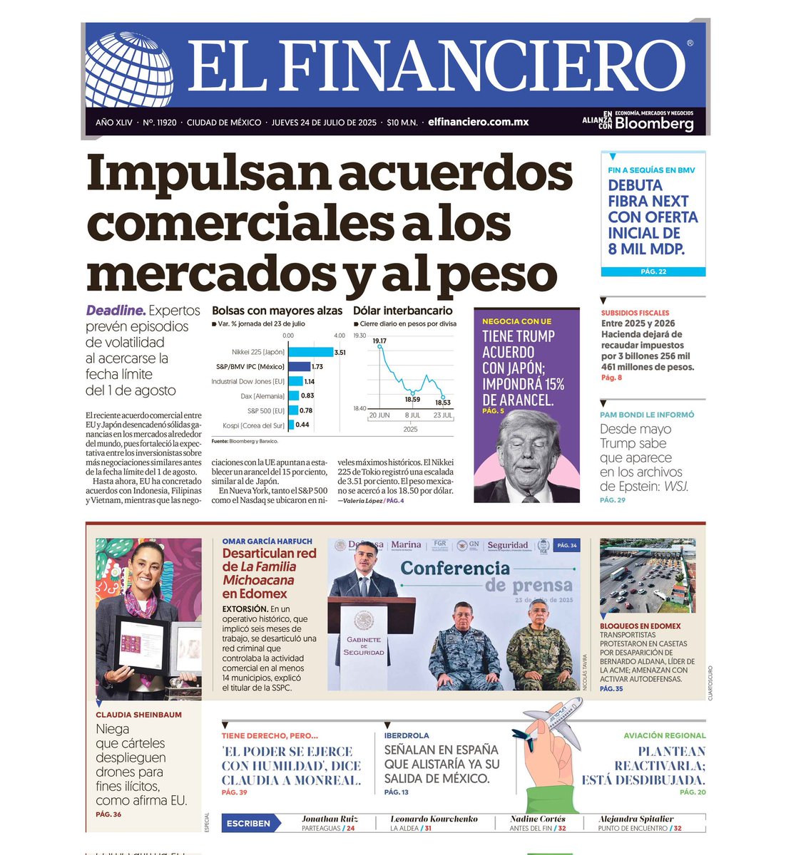 Víctor Piz (@victorpiz) on Twitter photo Este jueves en la primera plana de <a href="/ElFinanciero_Mx/">El Financiero</a> 👇🏼
📍Impulsan acuerdos comerciales a los mercados y al peso
📍Debuta Fibra Next con oferta pública inicial de 8 mil mdp
📍Desmantelan red de 'La Familia Michoacana' en Edomex Este jueves en la primera plana de <a href="/ElFinanciero_Mx/">El Financiero</a> 👇🏼
📍Impulsan acuerdos comerciales a los mercados y al peso
📍Debuta Fibra Next con oferta pública inicial de 8 mil mdp
📍Desmantelan red de 'La Familia Michoacana' en Edomex