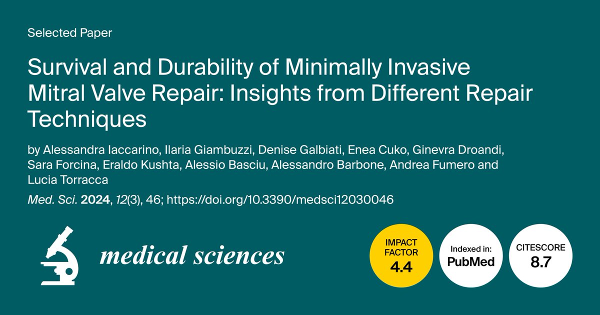 #highlycitedpaper

"Survival and Durability of Minimally Invasive Mitral Valve Repair: Insights from Different Repair Techniques" by Alessandra Iaccarino et al.

🔗 mdpi.com/2076-3271/12/3…

#MitralValveRepair #MiniThoracotomyMitralValveRepair #MinimallyInvasiveMitralValveRepair