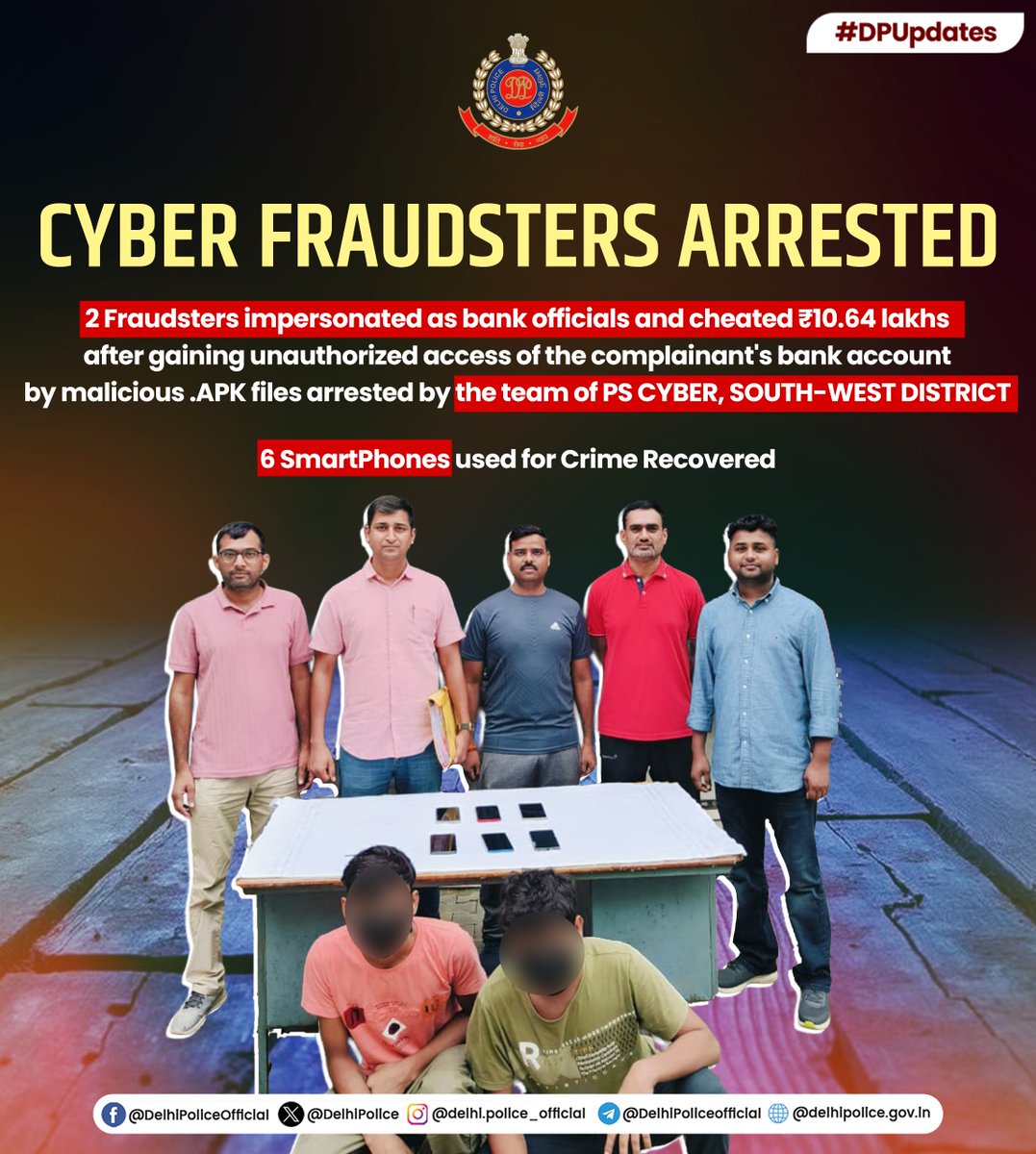 DelhiPolice's tweet image. Team of PS Cyber of @dcp_southwest arrested 2 Cyber Fraudsters
Accused persons impersonated as Bank official and sent a malicious link to the complainant’s WhatsApp under the pretext of verifying bounced cheque images.
Upon clicking the link and installing the attached .APK…