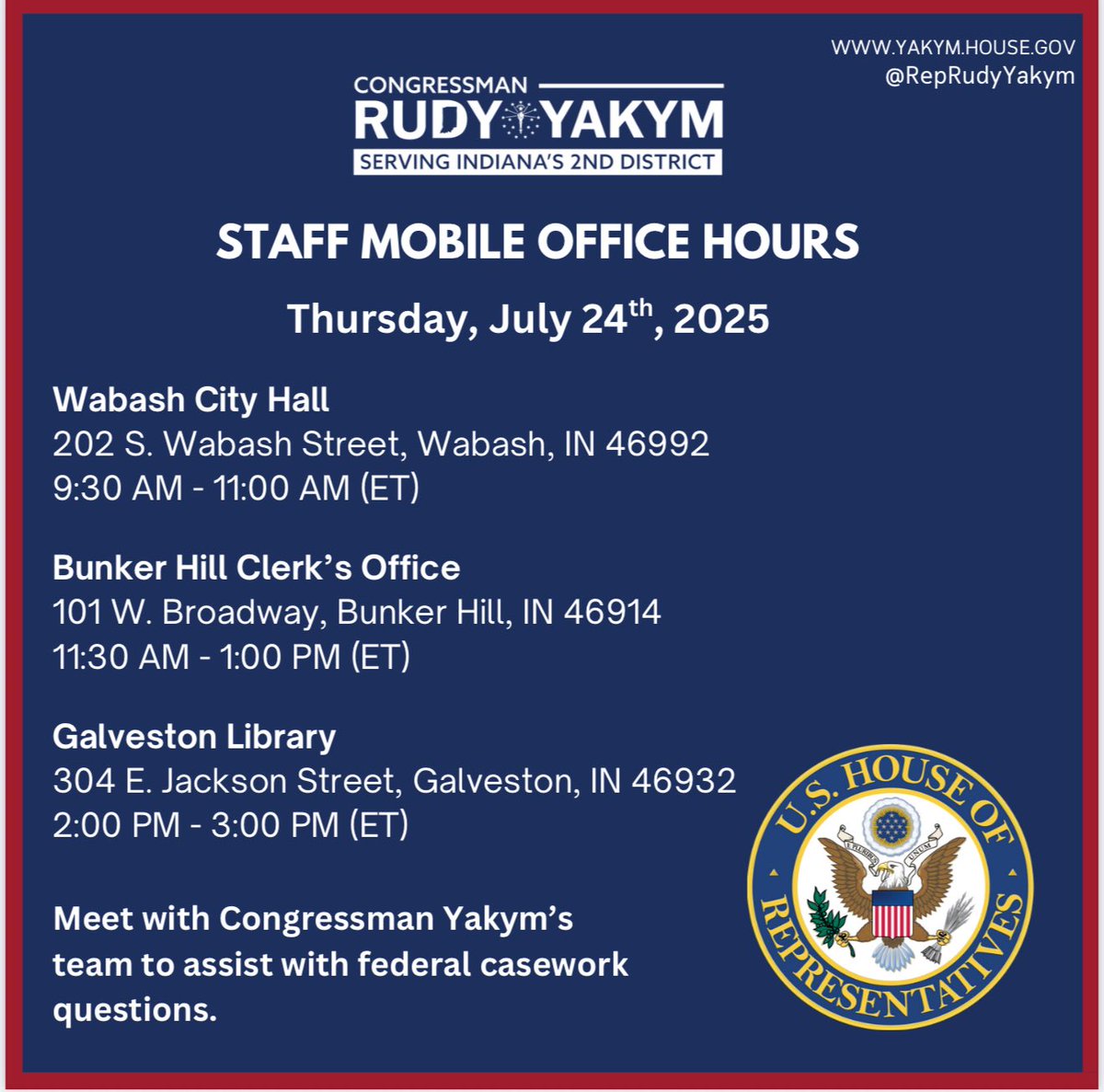 RepRudyYakym's tweet image. My team is available in Wabash, Bunker Hill, and Galveston today.