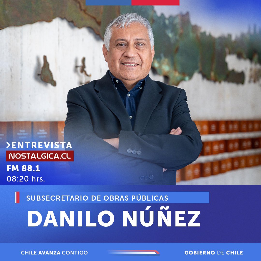 MOP ATACAMA (@mop_atacama) on Twitter photo Buenos días !
👷♀️🎙️Hoy a las 08.20 hrs., te invitamos a escuchar a nuestro, <a href="/Subse_OOPP/">Subsecretaría de Obras Públicas</a> ñ, Danilo Núñez en <a href="/RADIONOSTALGICA/">Radio Nostálgica</a>, donde comentará su agenda en la región e importantes temas relacionados al quehacer del <a href="/mop_chile/">Ministerio de Obras Públicas🇨🇱</a> en #Atacama.
Escucha y síguelo aquí: 🔽 Buenos días !
👷♀️🎙️Hoy a las 08.20 hrs., te invitamos a escuchar a nuestro, <a href="/Subse_OOPP/">Subsecretaría de Obras Públicas</a> ñ, Danilo Núñez en <a href="/RADIONOSTALGICA/">Radio Nostálgica</a>, donde comentará su agenda en la región e importantes temas relacionados al quehacer del <a href="/mop_chile/">Ministerio de Obras Públicas🇨🇱</a> en #Atacama.
Escucha y síguelo aquí: 🔽