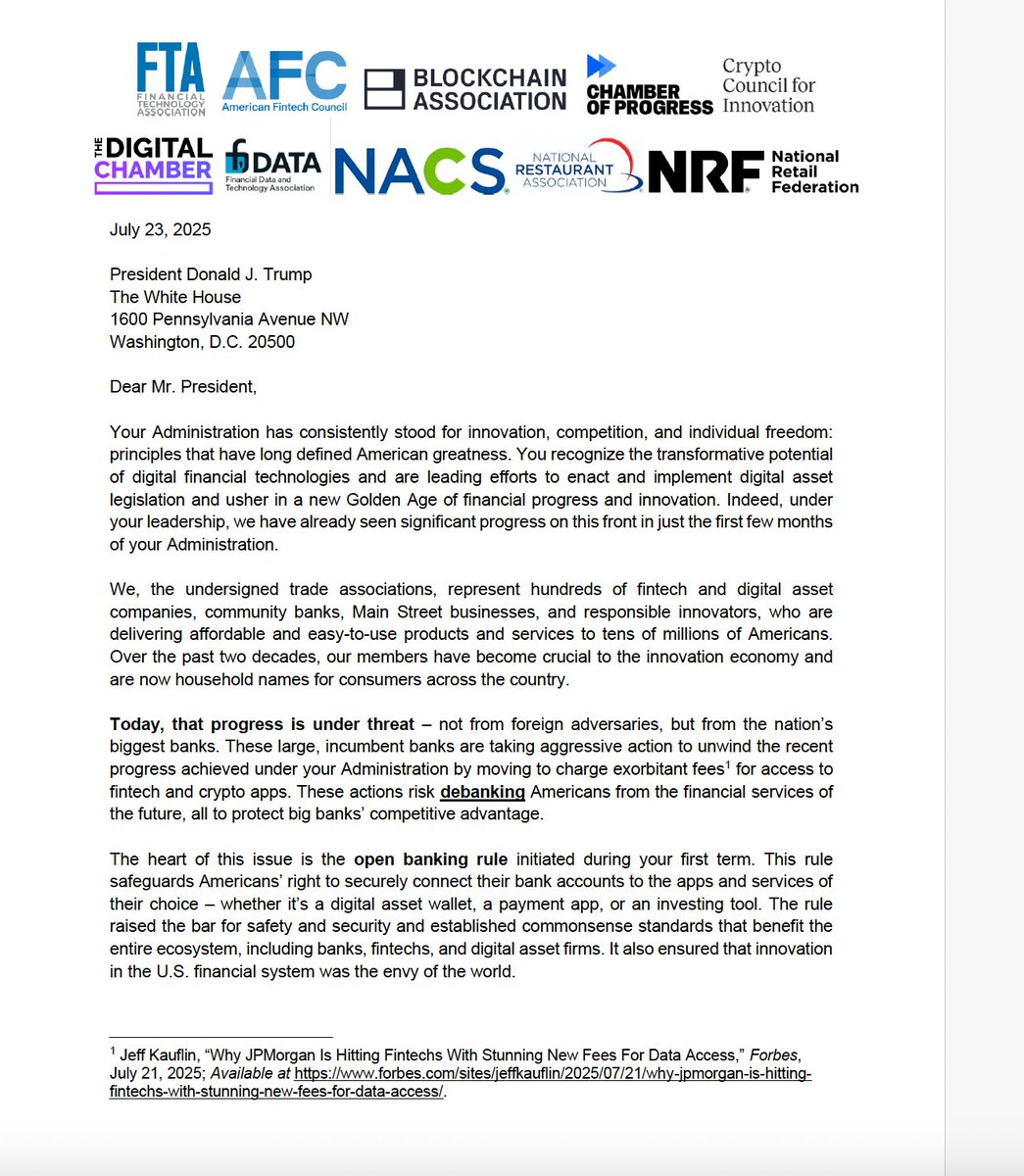 fintechassoc's tweet photo. 1/ Today, we led a group of #fintech, #crypto, and #MainStreet business trades in urging @realDonaldTrump to uphold the #openbanking rule amid anticompetitive actions by some of the nation’s largest banks. https://t.co/KNgNcBReVA