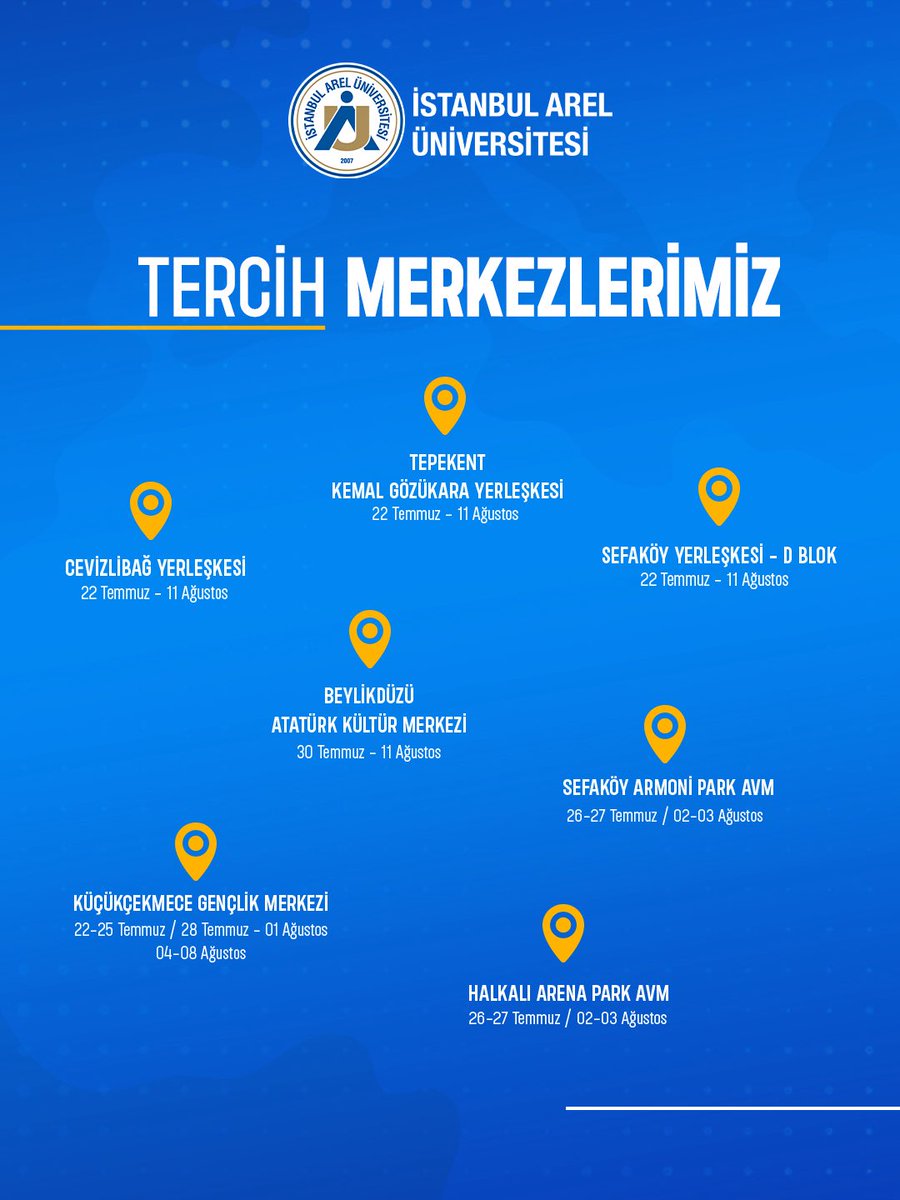 📍 Rehberlik uzmanlarımız ve akademik kadromuzla İstanbul’un farklı noktalarındayız.

Sana en yakın tercih merkezimizi ziyaret et, sorularını birlikte yanıtlayalım. 💙

#ArelÜniversitesi #TercihinSeninGeleceğin #Tercih2025 #tercihvetanıtımgünleri