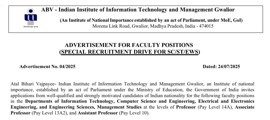 ADVERTISEMENT FOR FACULTY POSITIONS  (SPECIAL RECRUITMENT DRIVE FOR SC/ST/EWS) 
Check the link below for further details,
iiitm.ac.in/index.php/en/c…