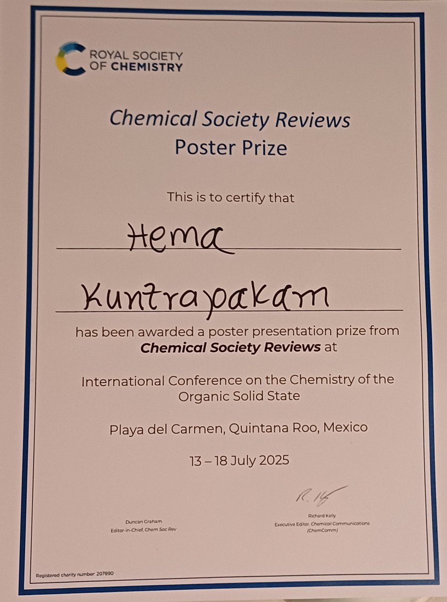Hema (@sruthihemak) on Twitter photo Happy to receive the best poster award <a href="/iccoss2025/">ICCOSS 2025</a> for my work on "Programming self-assembly dynamic in short peptides". Happy to receive the best poster award <a href="/iccoss2025/">ICCOSS 2025</a> for my work on "Programming self-assembly dynamic in short peptides".
