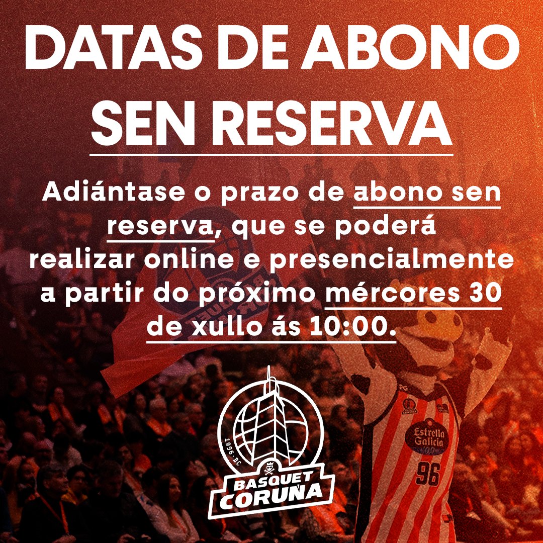 basquetcoruna's tweet image. 🚨 Adiantamos a venda de abonos sen reserva!
ℹ️ Dende o próximo mércores 30 de xullo ás 10h poderase facer o abono online e presencialmente nas nosas oficinas de Arquitecto Rey Pedreira (10h-14h)